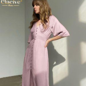 Clacive Casual Short Sleeve Satin Long Dress Elegant A-Line V-Neck High Waist Su